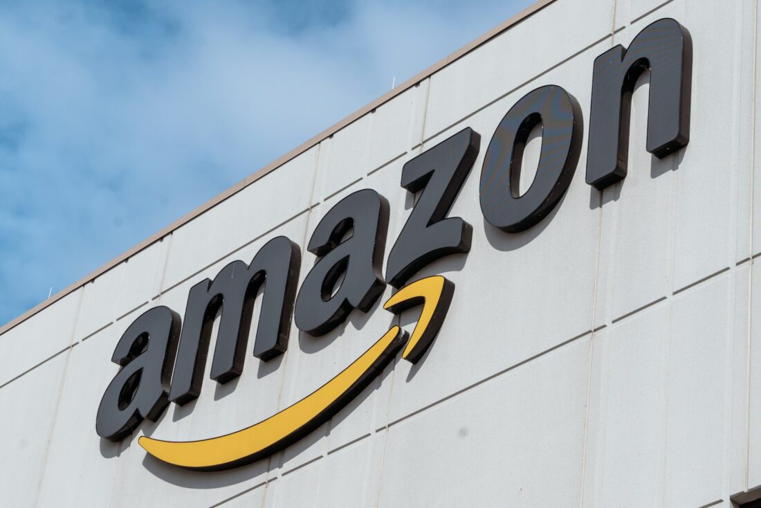 The amazon logo is displayed on a building.